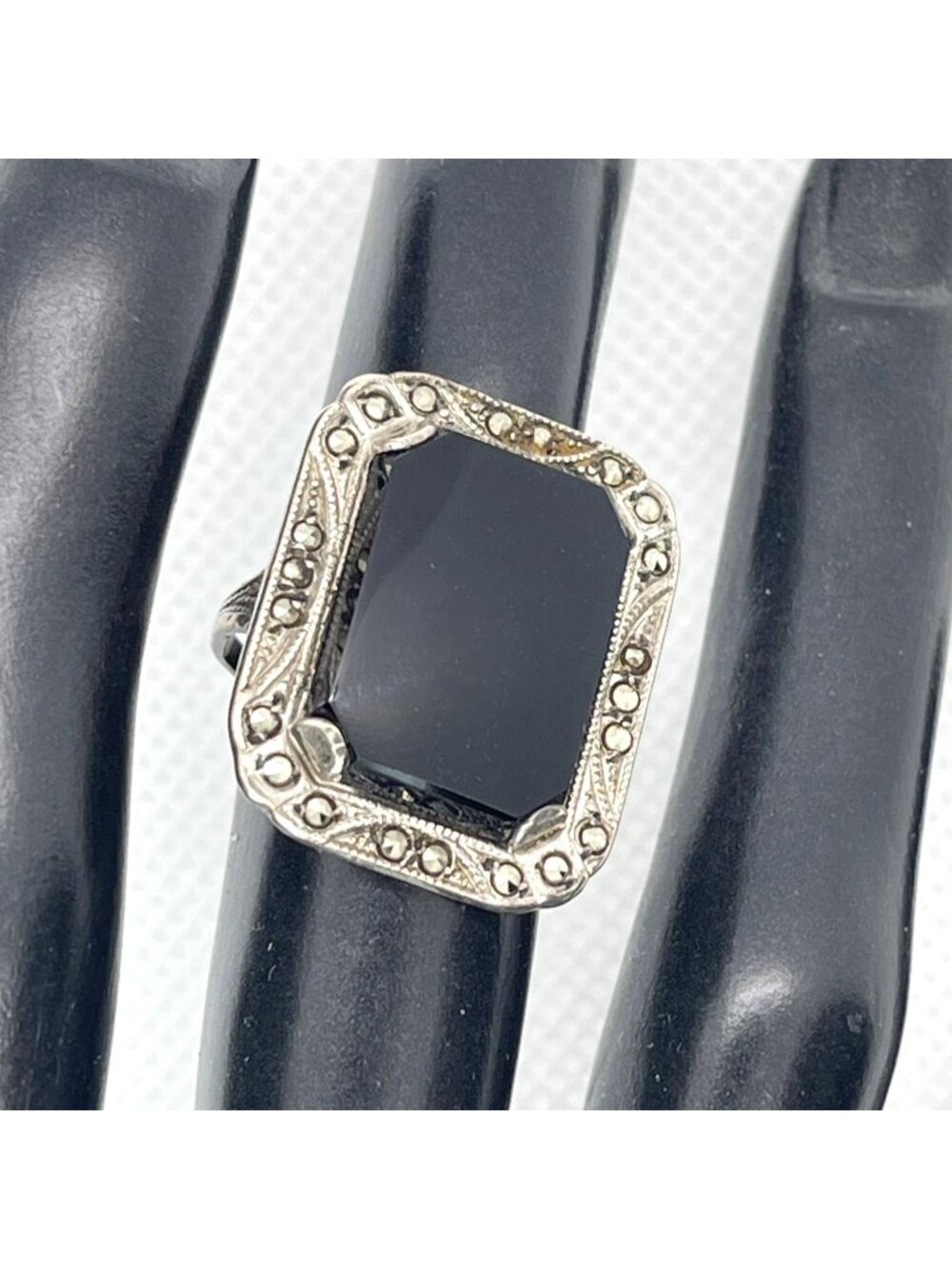 Art Deco Ring Black Onyx Marcasite Sterling Silver Statement Estate Size 6.25 - Picture 12 of 12